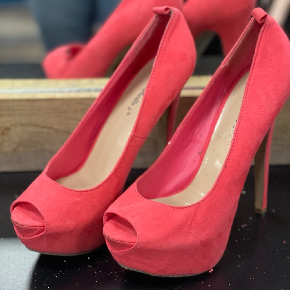 Pink suede peep toe heels